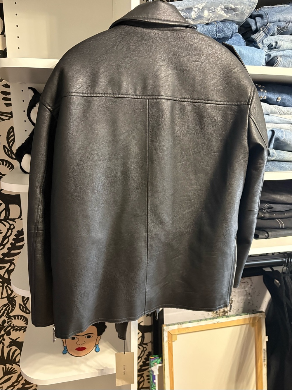 NWT Zara Black Faux Leather Biker Jacket with Yellow Lining - Picture 2 of 4